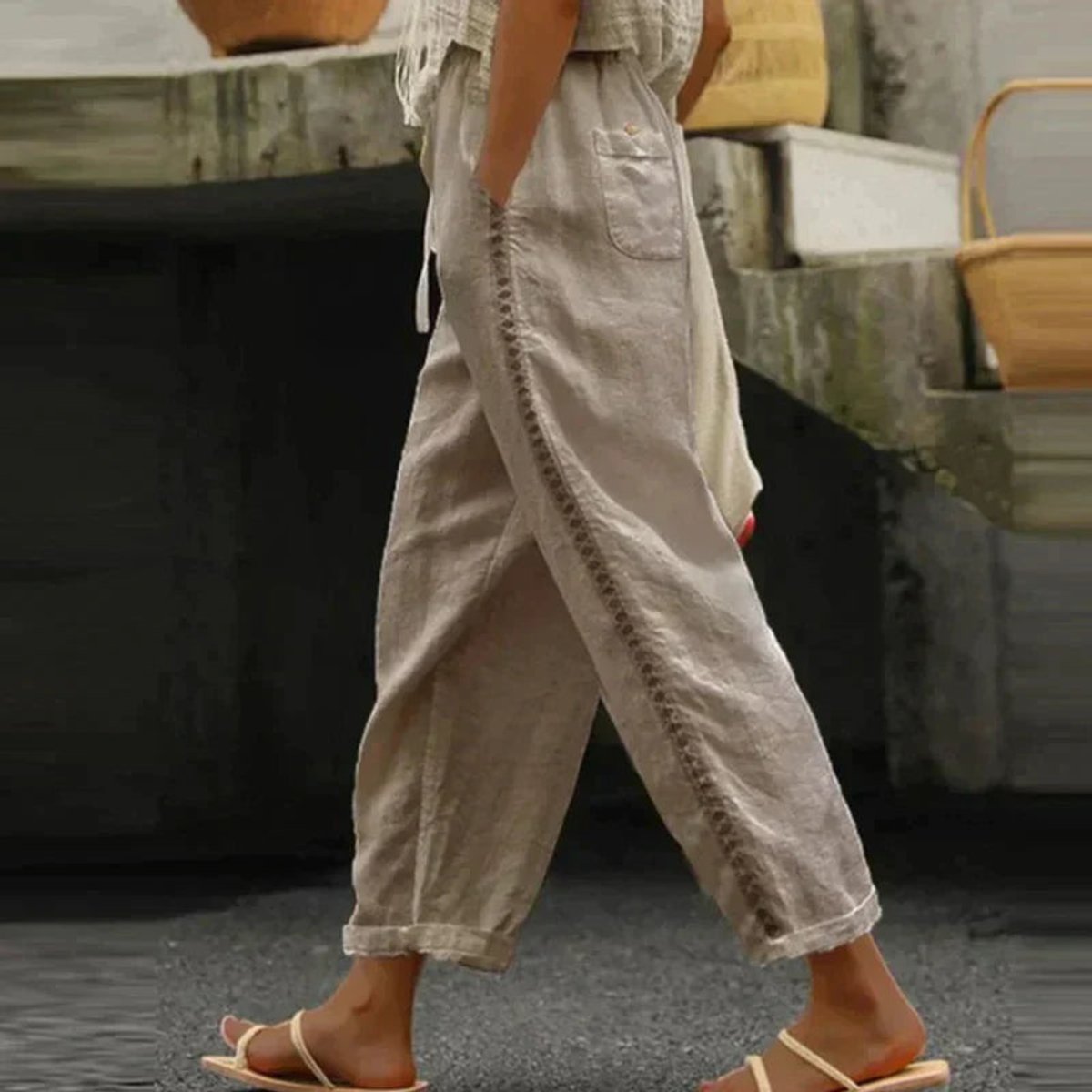 Women's High-Waist Tapered Linen-Look Button-Detail Trousers - Back View | Lavisa