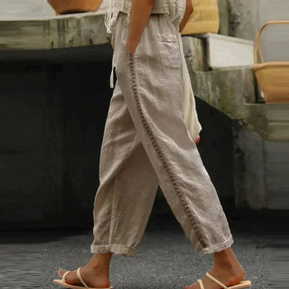 Women's High-Waist Tapered Linen-Look Button-Detail Trousers - Back View | Lavisa