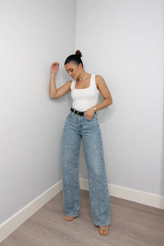 Lavisa - Women's High-Waist Wide-Leg Glitter Denim Jeans