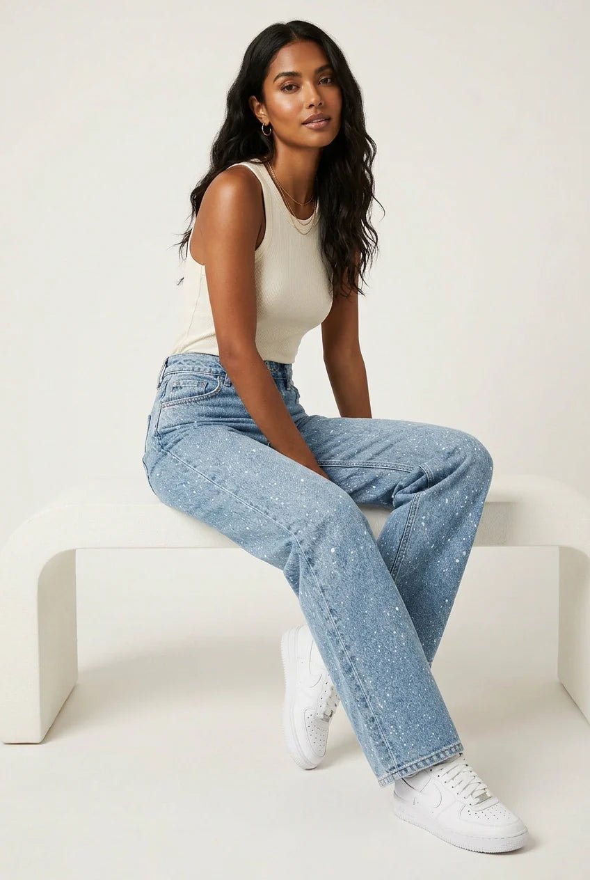 Women's High-Waist Wide-Leg Glitter Denim Jeans - Side Angle | Lavisa