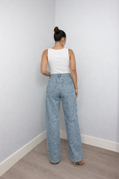 Women's High-Waist Wide-Leg Glitter Denim Jeans - Back View | Lavisa