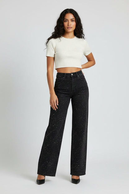 Women's High-Waist Wide-Leg Glitter Denim Jeans - Close-Up Texture & Detail | Lavisa