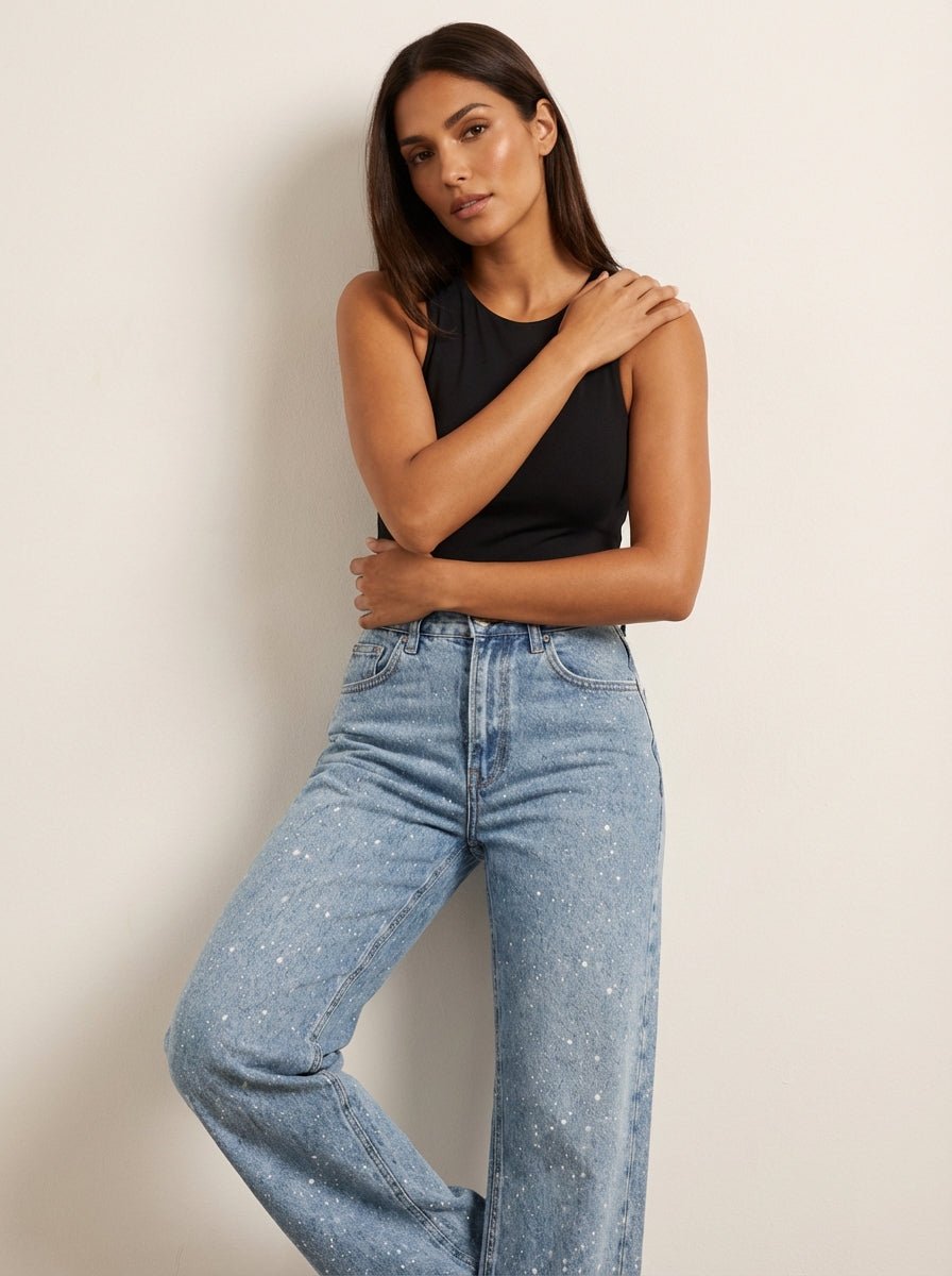Women's High-Waist Wide-Leg Glitter Denim Jeans - Sole & Material View | Lavisa