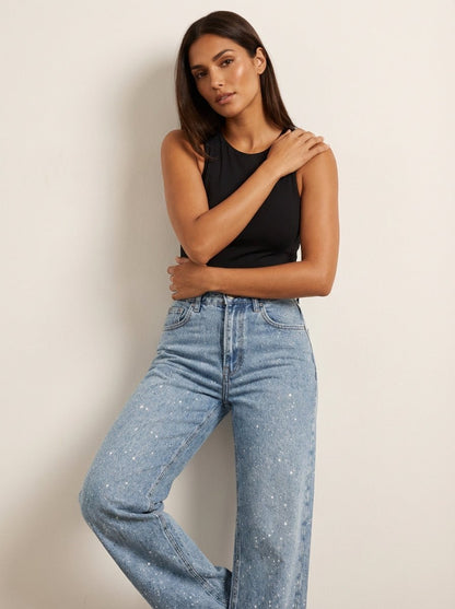 Women's High-Waist Wide-Leg Glitter Denim Jeans - Sole & Material View | Lavisa
