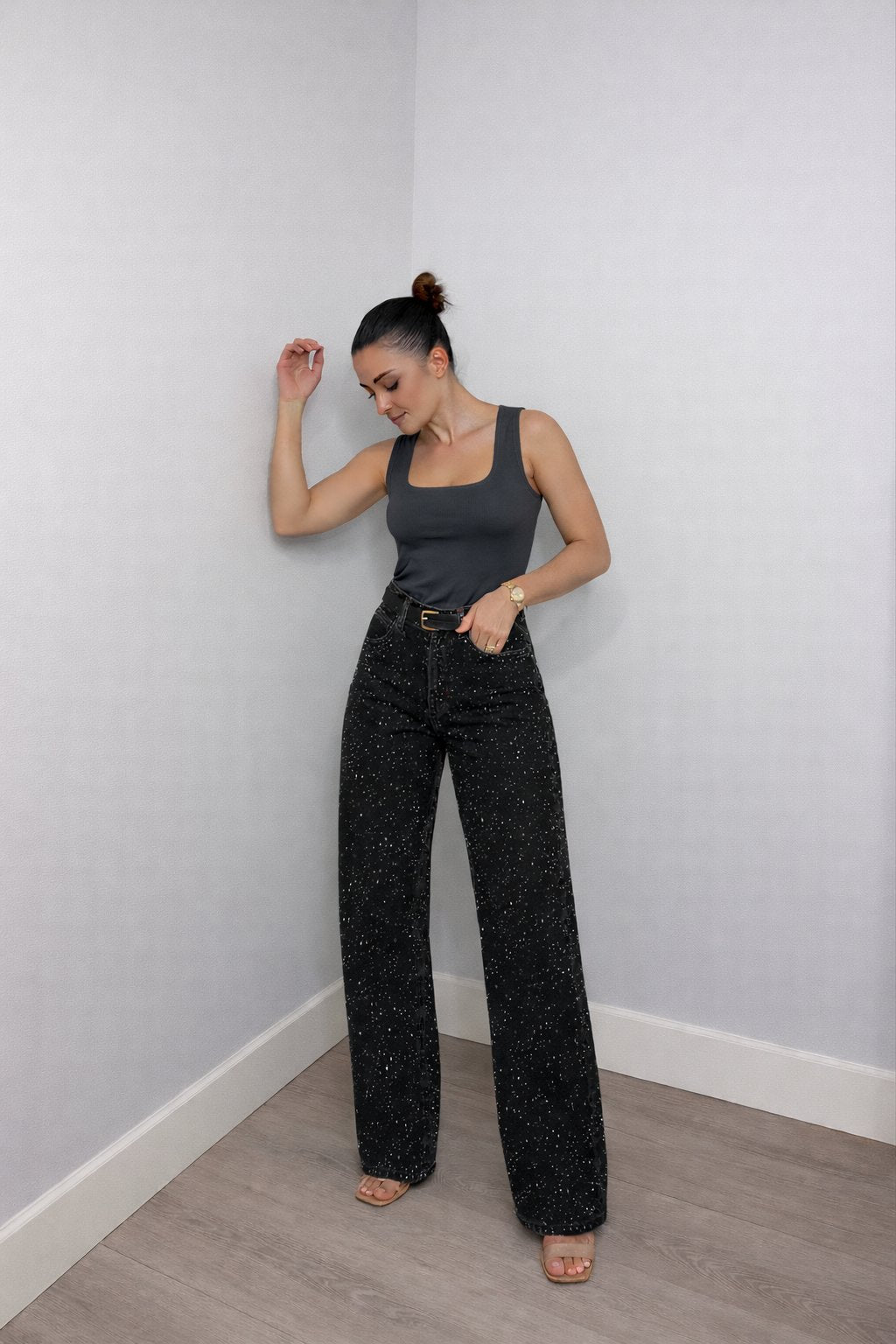 Women's High-Waist Wide-Leg Glitter Denim Jeans - Lifestyle & Model Angle | Lavisa