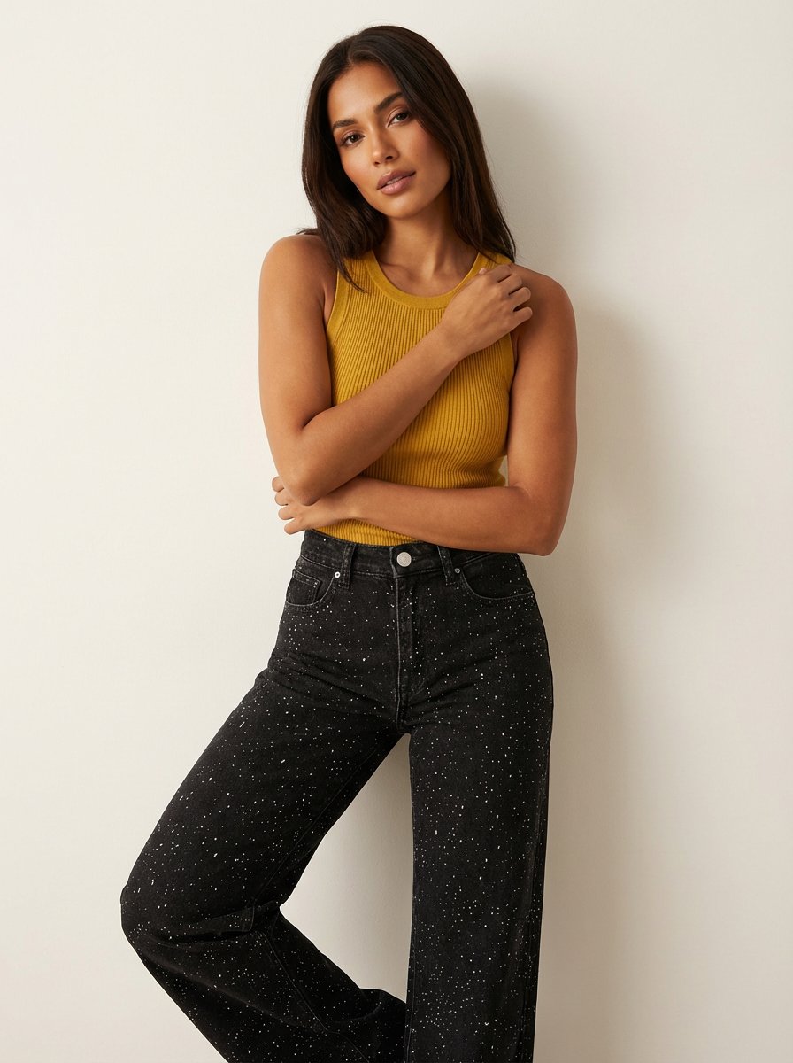 Women's High-Waist Wide-Leg Glitter Denim Jeans - Variant Style 8 | Lavisa
