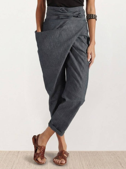 Lavisa - Women's High-Waist Wrap-Front Cropped Tapered Trousers