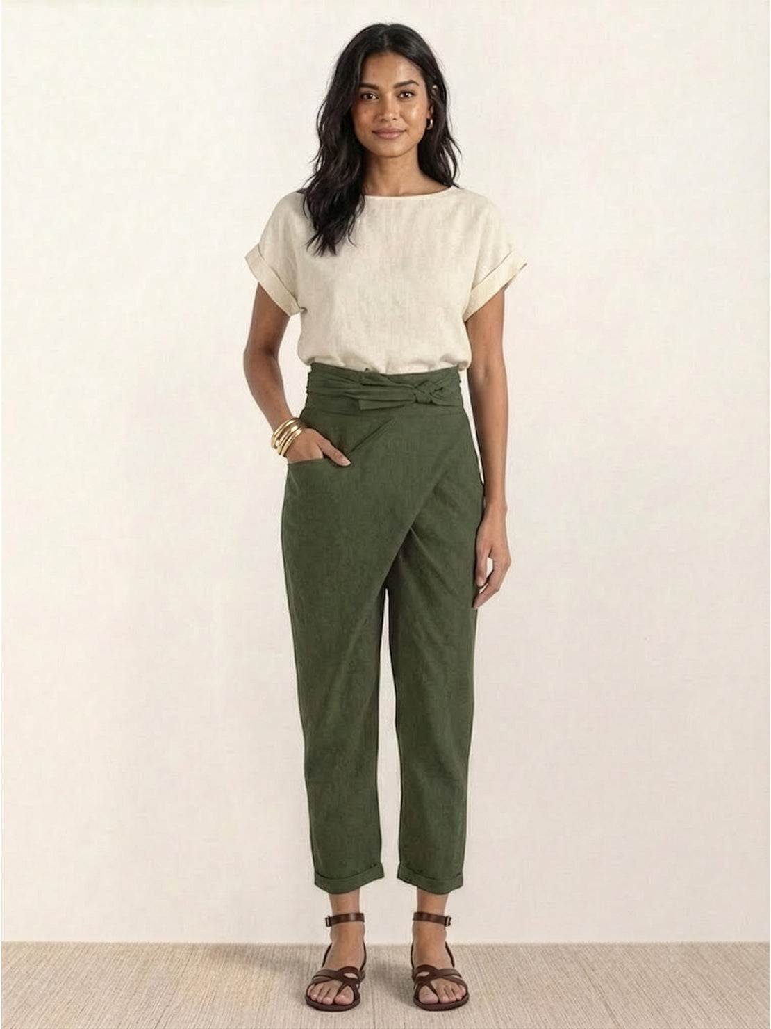 Women's High-Waist Wrap-Front Cropped Tapered Trousers - Variant Style 10 | Lavisa