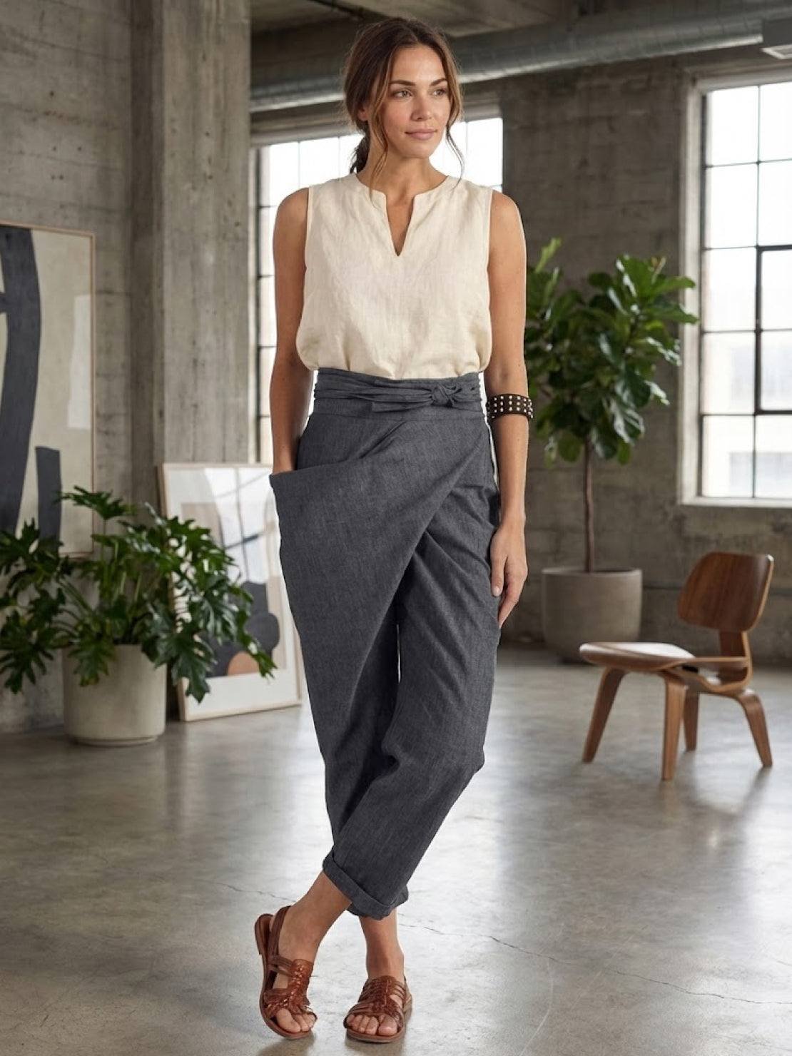Women's High-Waist Wrap-Front Cropped Tapered Trousers - Side Angle | Lavisa