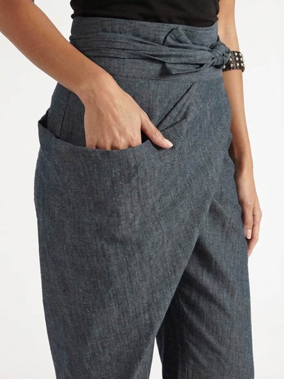 Women's High-Waist Wrap-Front Cropped Tapered Trousers - Close-Up Texture & Detail | Lavisa