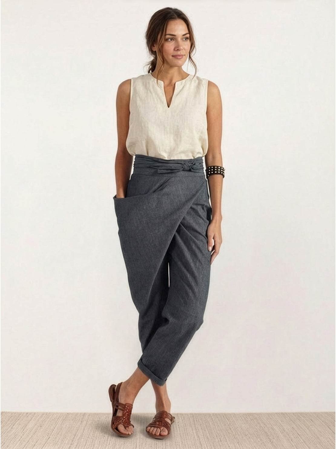 Women's High-Waist Wrap-Front Cropped Tapered Trousers - Sole & Material View | Lavisa