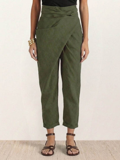 Women's High-Waist Wrap-Front Cropped Tapered Trousers - Lifestyle & Model Angle | Lavisa