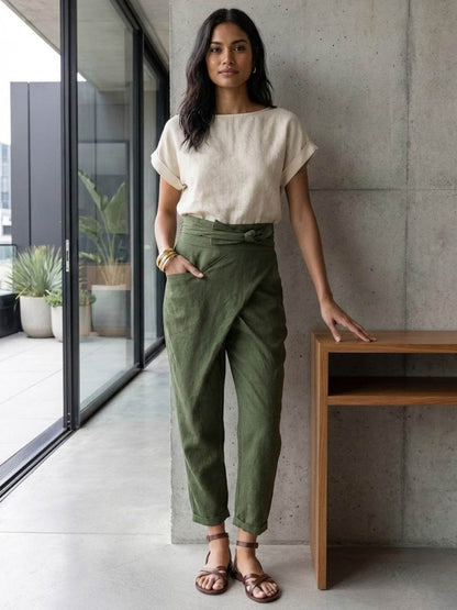 Women's High-Waist Wrap-Front Cropped Tapered Trousers - Variant Angle | Lavisa