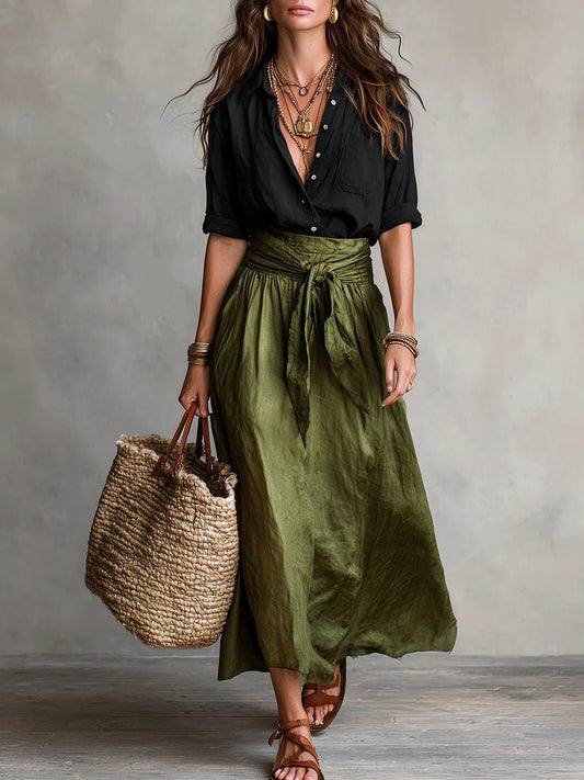 Lavisa - Women's High-Waisted Button-Up Two-Piece Maxi Set