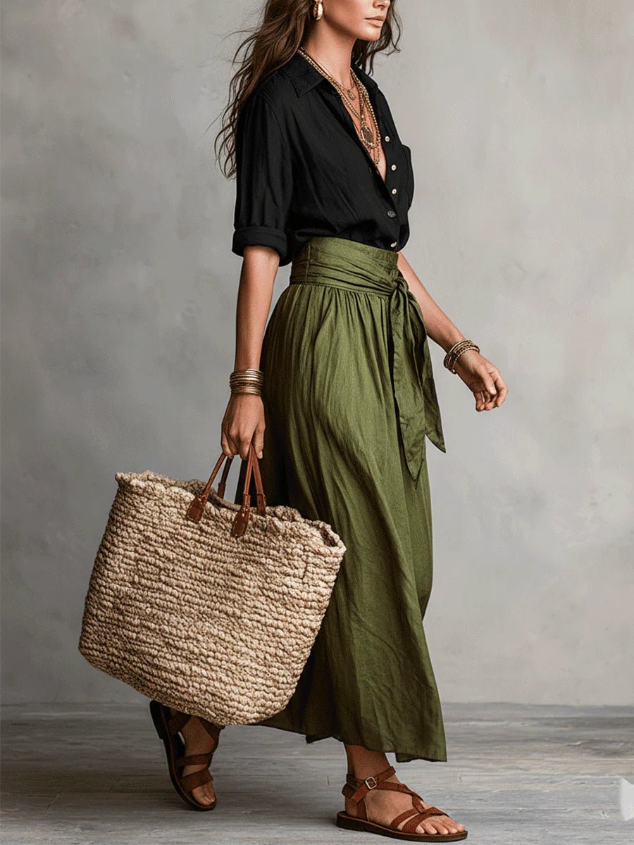 Women's High-Waisted Button-Up Two-Piece Maxi Set - Side Angle | Lavisa