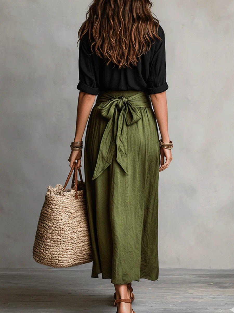 Women's High-Waisted Button-Up Two-Piece Maxi Set - Back View | Lavisa