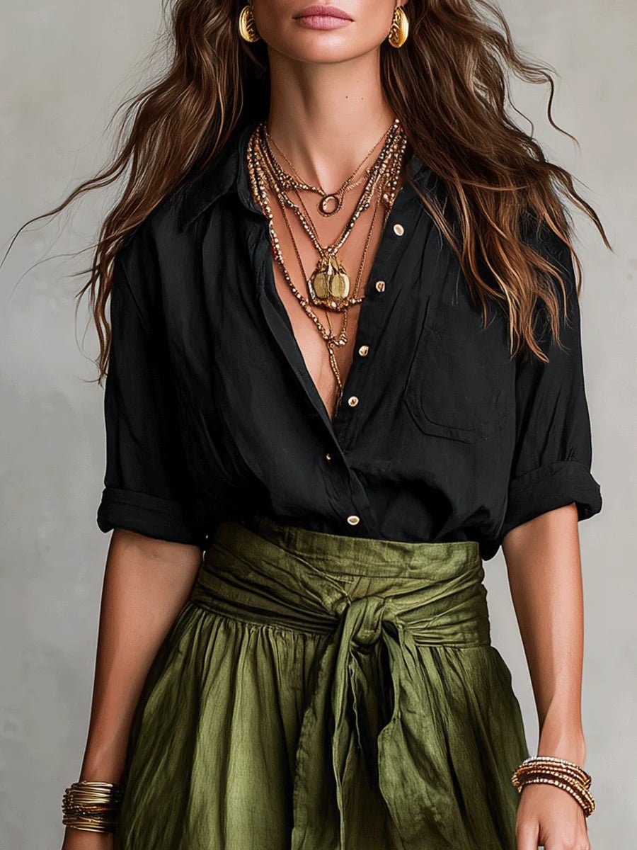 Women's High-Waisted Button-Up Two-Piece Maxi Set - Close-Up Texture & Detail | Lavisa