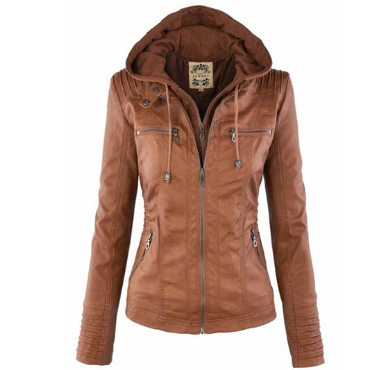 Lavisa - Women's Hooded Faux Leather Jacket Removable Hood Biker