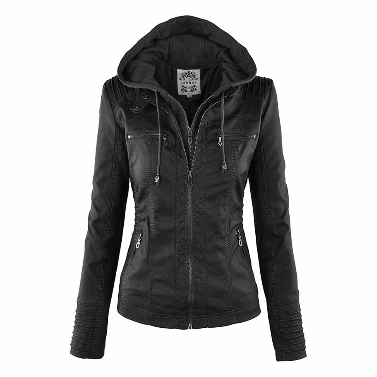 Women's Hooded Faux Leather Jacket Removable Hood Biker - Side Angle | Lavisa