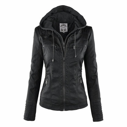 Women's Hooded Faux Leather Jacket Removable Hood Biker - Side Angle | Lavisa