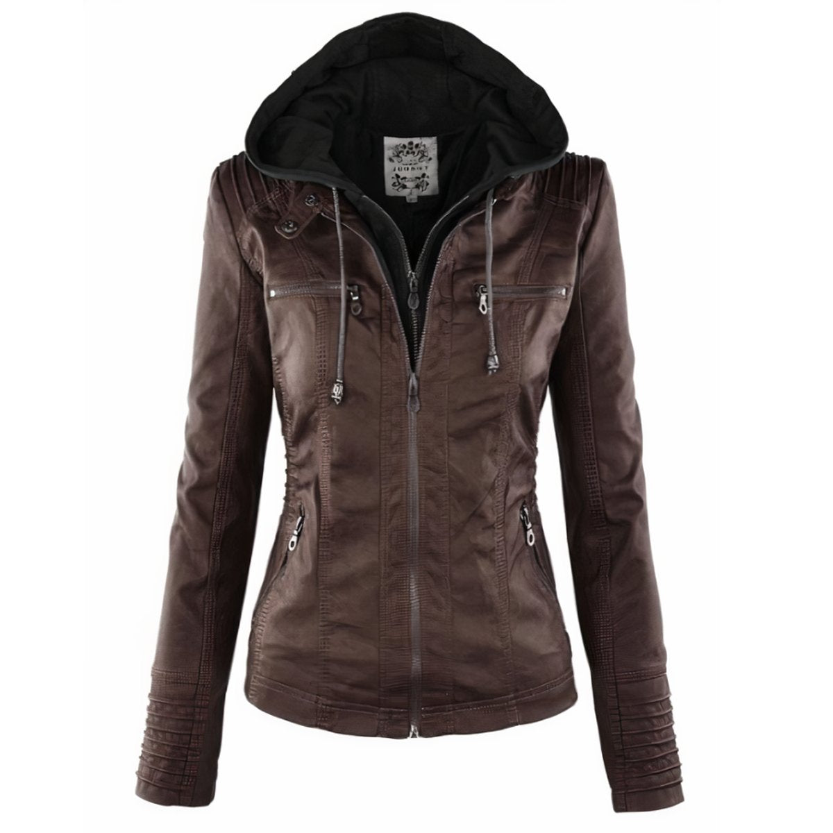 Women's Hooded Faux Leather Jacket Removable Hood Biker - Back View | Lavisa