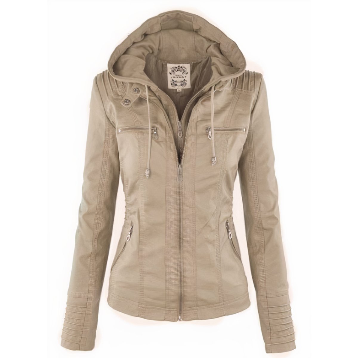Women's Hooded Faux Leather Jacket Removable Hood Biker - Close-Up Texture & Detail | Lavisa