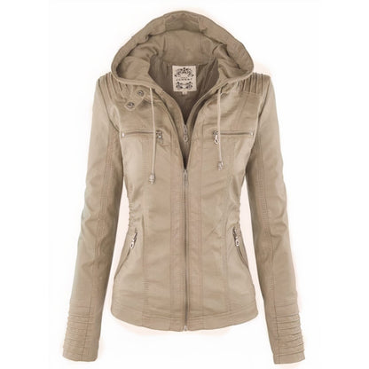 Women's Hooded Faux Leather Jacket Removable Hood Biker - Close-Up Texture & Detail | Lavisa
