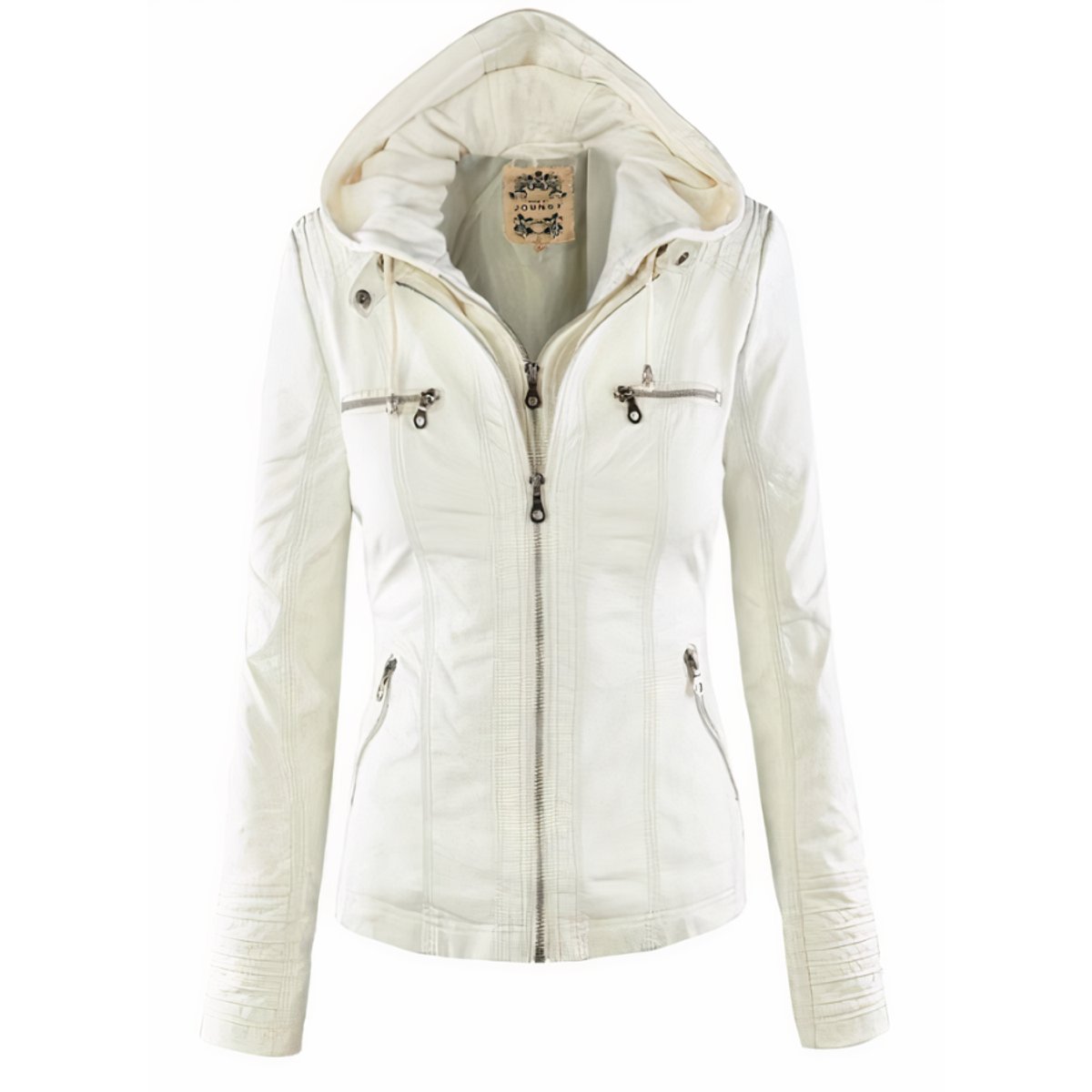 Women's Hooded Faux Leather Jacket Removable Hood Biker - Sole & Material View | Lavisa