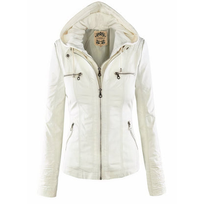 Women's Hooded Faux Leather Jacket Removable Hood Biker - Sole & Material View | Lavisa