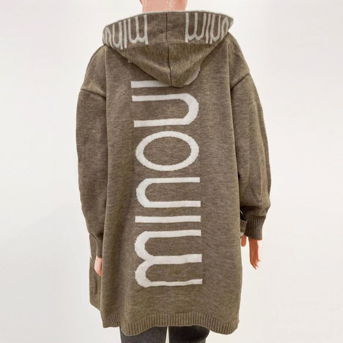 Lavisa - Hooded Knit Open Front Cardigan with Letter Print