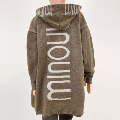 Lavisa - Hooded Knit Open Front Cardigan with Letter Print