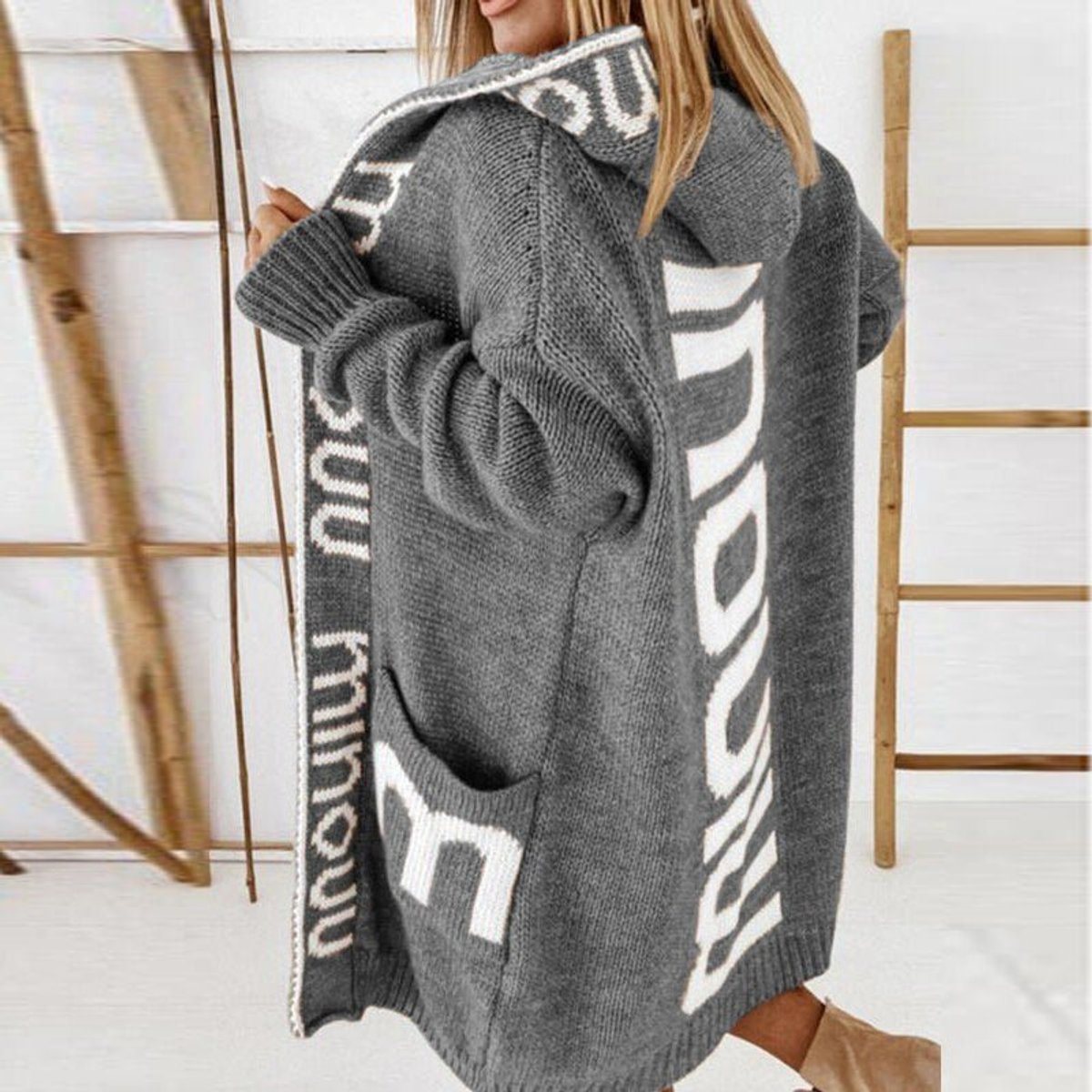 Lavisa - Hooded Knit Open Front Cardigan with Letter Print