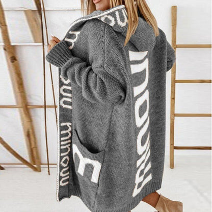 Lavisa - Hooded Knit Open Front Cardigan with Letter Print