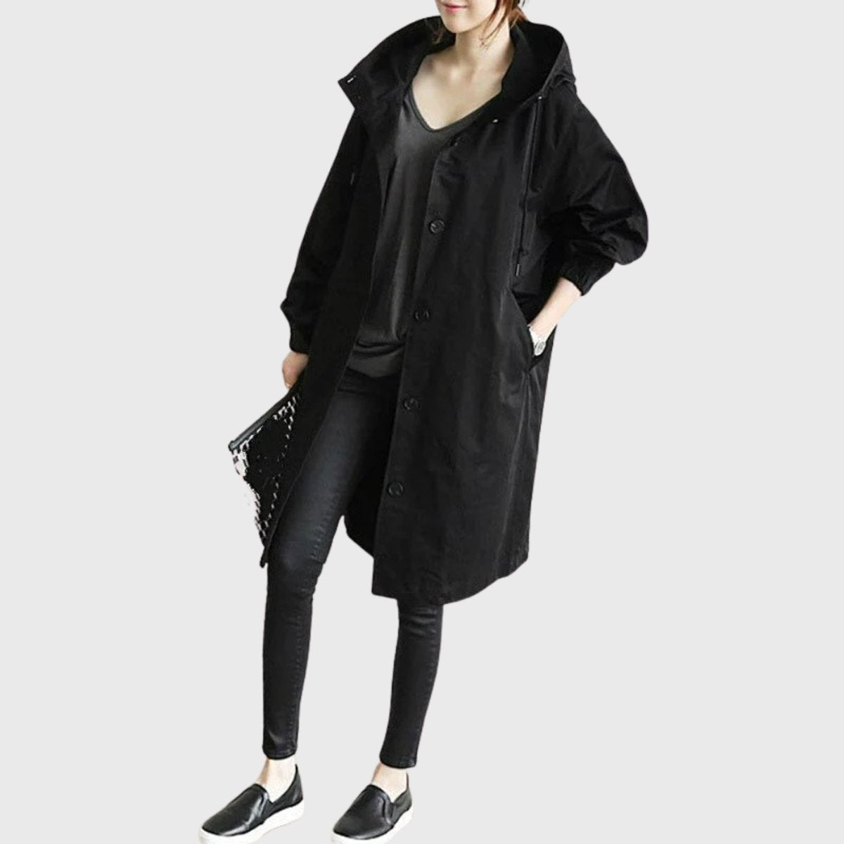 Women's Hooded Water-Repellent Oversized Long Trench Coat - Side Angle | Lavisa