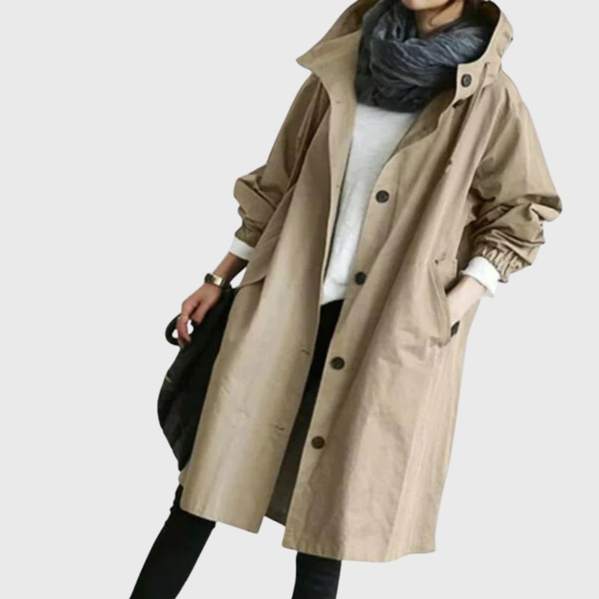 Women's Hooded Water-Repellent Oversized Long Trench Coat - Close-Up Texture & Detail | Lavisa