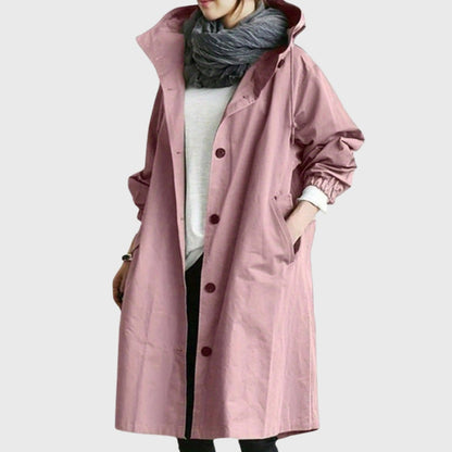 Women's Hooded Water-Repellent Oversized Long Trench Coat - Lifestyle & Model Angle | Lavisa