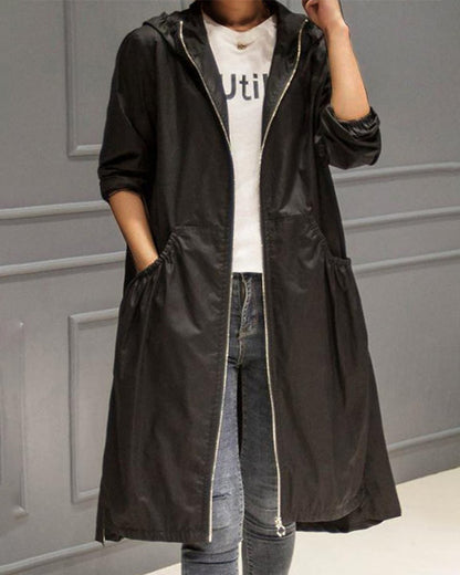 Women's Hooded Waterproof Longline Trench Coat - Close-Up Texture & Detail | Lavisa