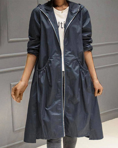 Women's Hooded Waterproof Longline Trench Coat - Sole & Material View | Lavisa