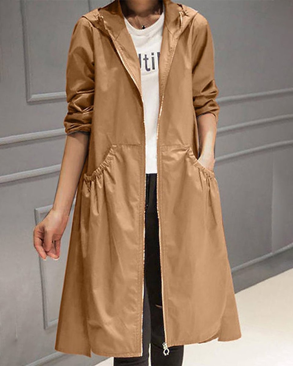 Women's Hooded Waterproof Longline Trench Coat - Lifestyle & Model Angle | Lavisa
