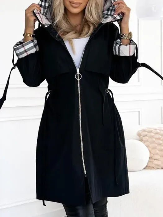 Women's Hooded Waterproof Windproof Zip Trench Coat - Back View | Lavisa