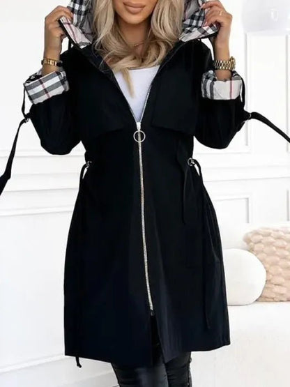 Women's Hooded Waterproof Windproof Zip Trench Coat - Back View | Lavisa