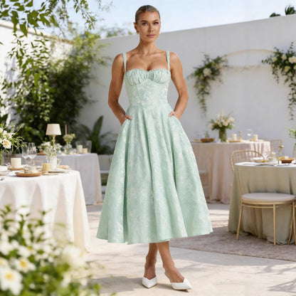 Women's Jacquard Sweetheart Corset Midi Cocktail Dress - Front View | Lavisa