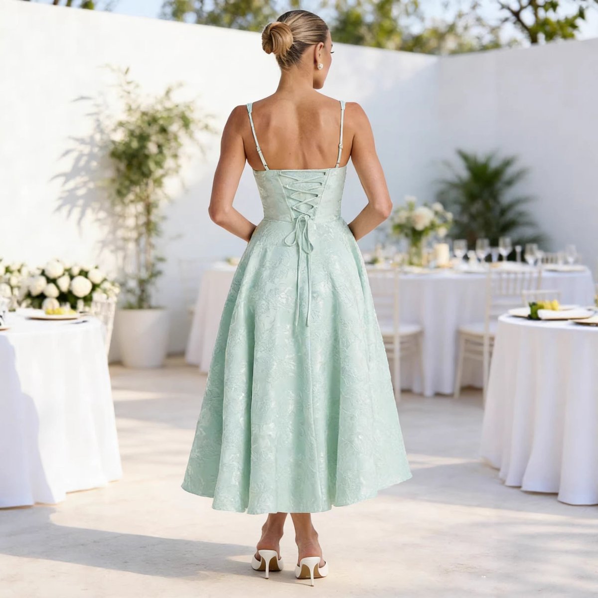 Women's Jacquard Sweetheart Corset Midi Cocktail Dress - Side Angle | Lavisa