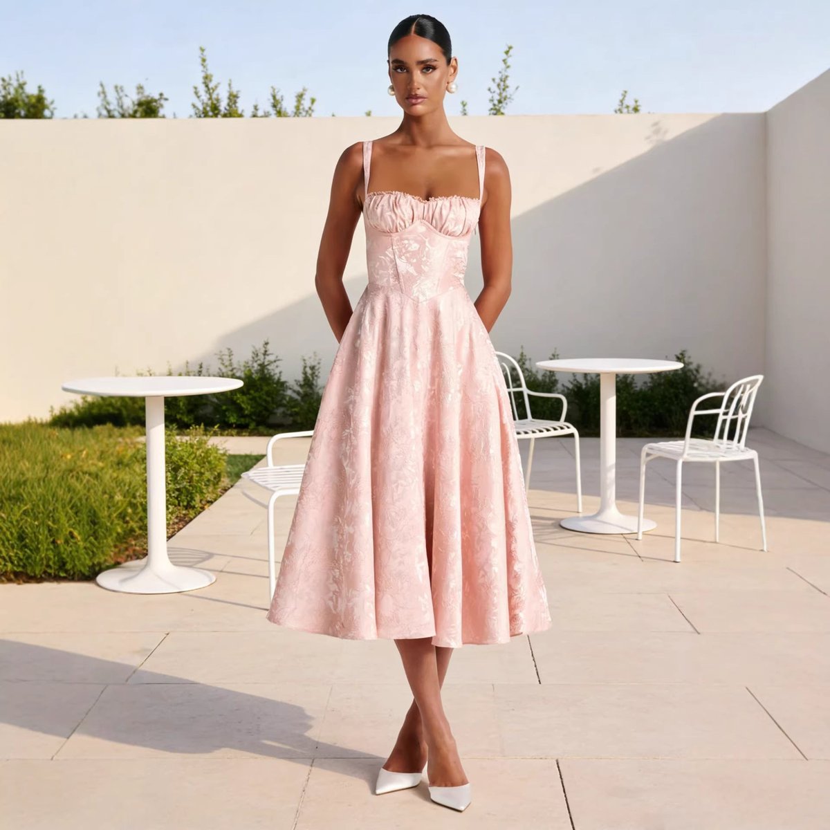 Women's Jacquard Sweetheart Corset Midi Cocktail Dress - Back View | Lavisa