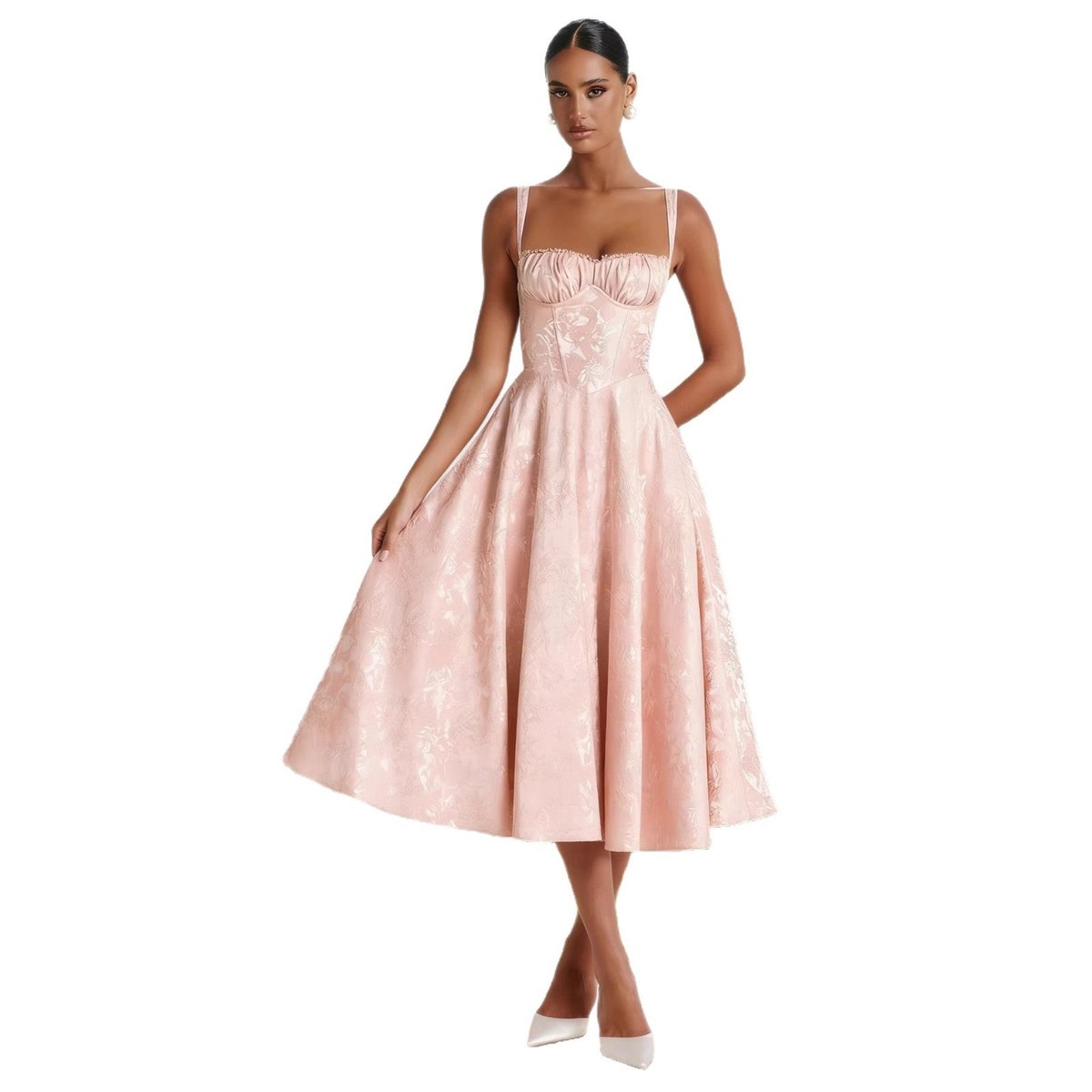 Women's Jacquard Sweetheart Corset Midi Cocktail Dress - Close-Up Texture & Detail | Lavisa