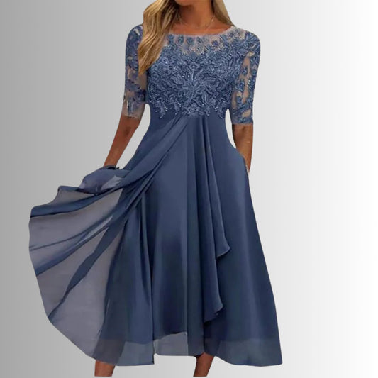 Lavisa - Women's Lace Bodice Chiffon Midi Formal Dresses Half Sleeve