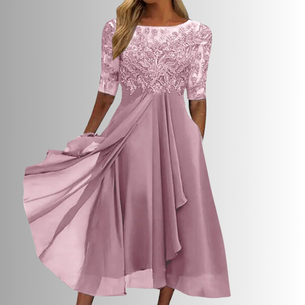 Women's Lace Bodice Chiffon Midi Formal Dresses Half Sleeve - Side Angle | Lavisa