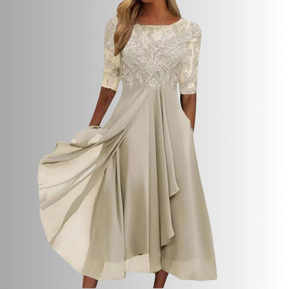 Women's Lace Bodice Chiffon Midi Formal Dresses Half Sleeve - Back View | Lavisa