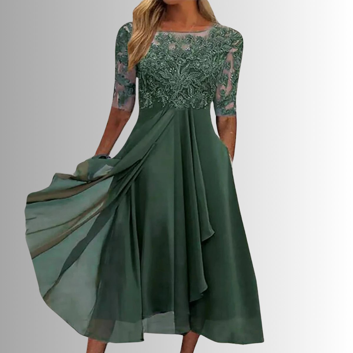 Women's Lace Bodice Chiffon Midi Formal Dresses Half Sleeve - Close-Up Texture & Detail | Lavisa
