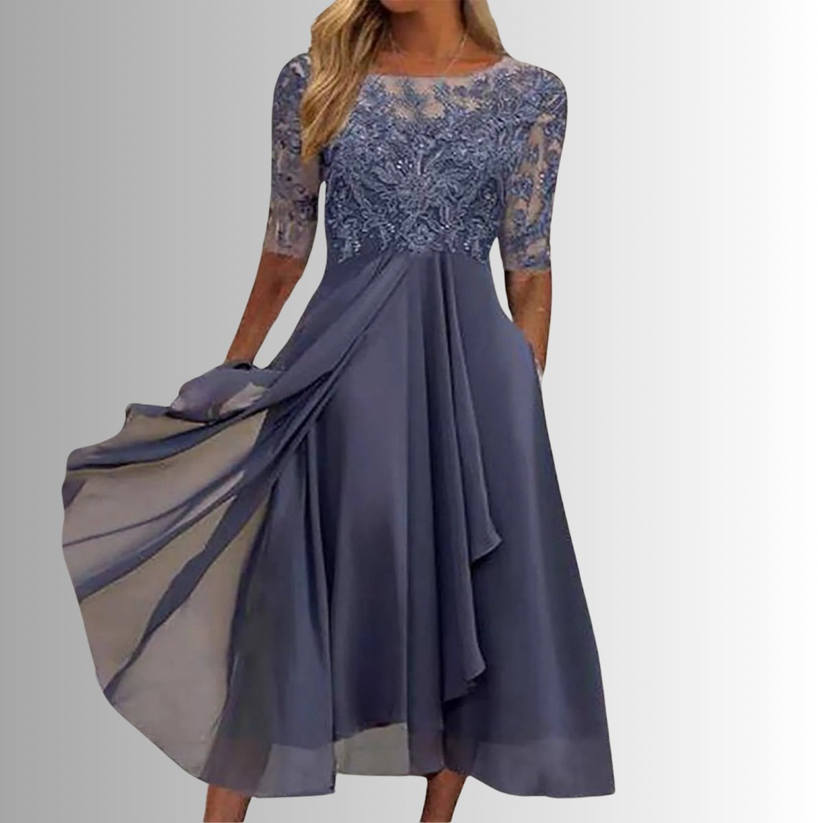 Women's Lace Bodice Chiffon Midi Formal Dresses Half Sleeve - Sole & Material View | Lavisa